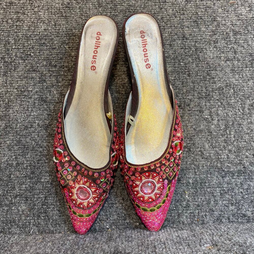 Dollhouse Womens 7.5 DEVA Pink Brown Beaded Embellished Slip On Kitten Heels